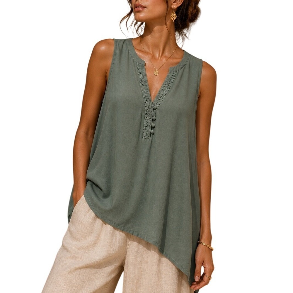 White House Black Market Sage Green Sleeveless Split Neck Pleated Blouse‎ Small